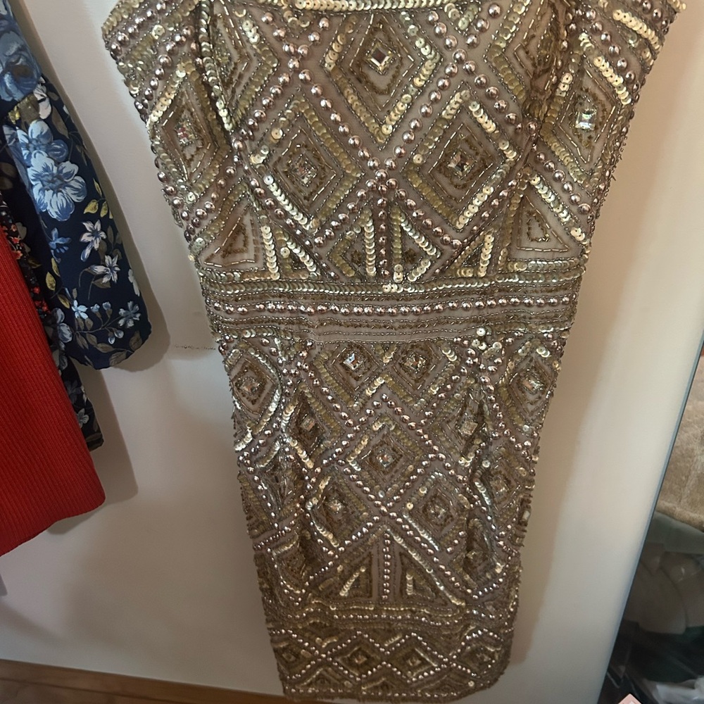 Adrianna Papell Cream and Gold Sequin Sheath Dress